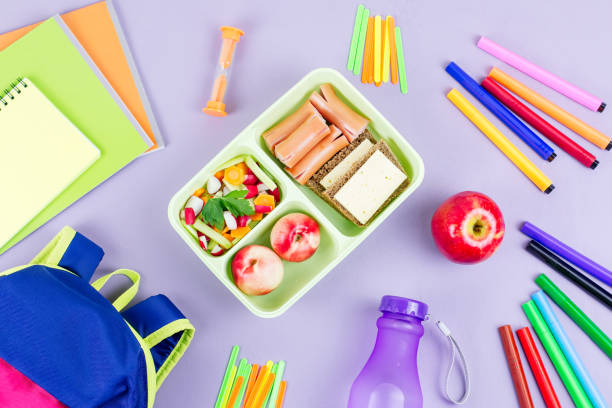 istock School concept flat lay. Kid backpack, lunchbox, water bottle, notebook, markers on wooden desktop 1023037916