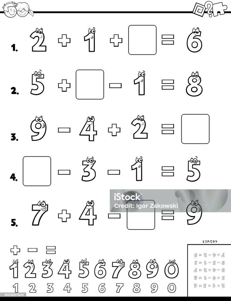 calculation educational workbook for children Black and White Cartoon Illustration of Educational Mathematical Calculation Puzzle Workbook for Children Coloring Book Activity stock vector