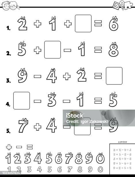 Calculation Educational Workbook For Children Stock Illustration - Download Image Now - Activity, Algebra, Black And White