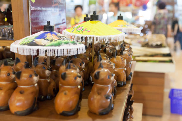 Close up of a wooden small umbrellas. Image taken in an umbrella factory in Thailand.