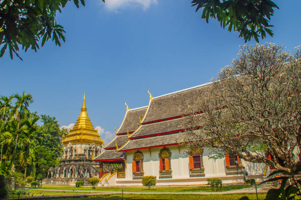 bella chiesa e chedi dorati in stile lanna sostenuti da file di contrafforti a forma di elefante a wat chiang man, il tempio più antico di chiang mai, in thailandia, costruito nel 1296 dal re mengrai del regno di lanna. - wat chiang man foto e immagini stock