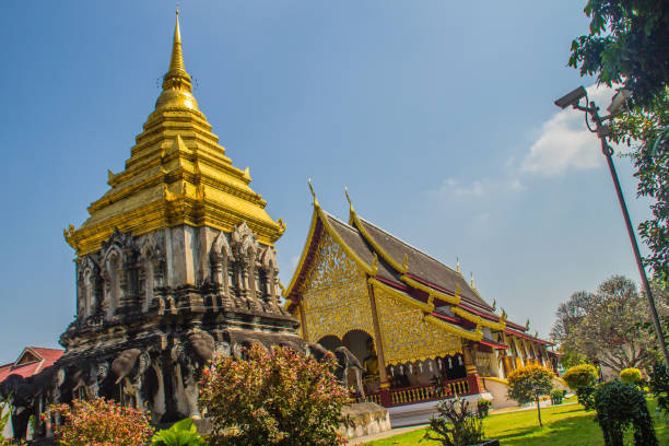 bella chiesa e chedi dorati in stile lanna sostenuti da file di contrafforti a forma di elefante a wat chiang man, il tempio più antico di chiang mai, in thailandia, costruito nel 1296 dal re mengrai del regno di lanna. - wat chiang man foto e immagini stock