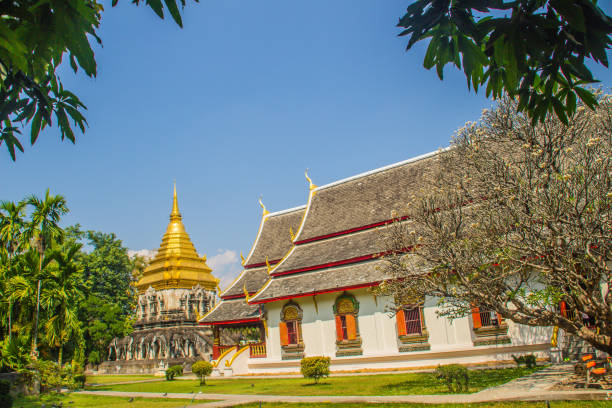 bella chiesa e chedi dorati in stile lanna sostenuti da file di contrafforti a forma di elefante a wat chiang man, il tempio più antico di chiang mai, in thailandia, costruito nel 1296 dal re mengrai del regno di lanna. - wat chiang man foto e immagini stock