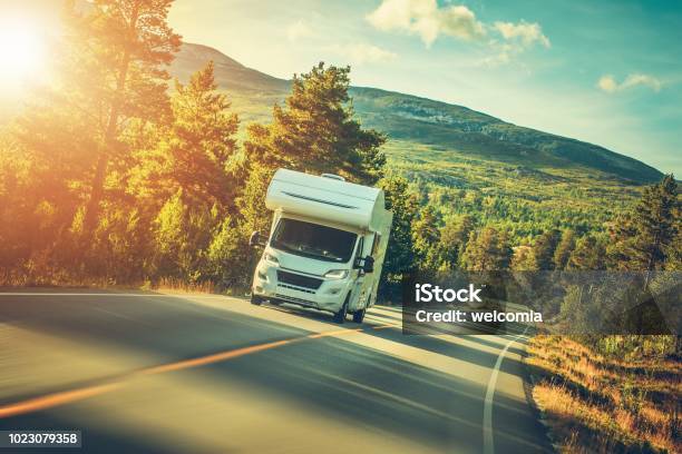 Camper Van Summer Trip Stock Photo - Download Image Now - Motor Home, Camping, Road