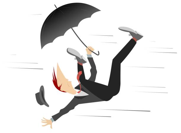 istock Strong wind and man with hat and umbrella isolated illustration 1023083218
