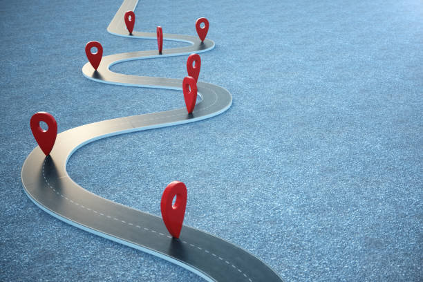 Road way location Infographic with pin pointers. Road way with red pointers. 3D illustration stock photo