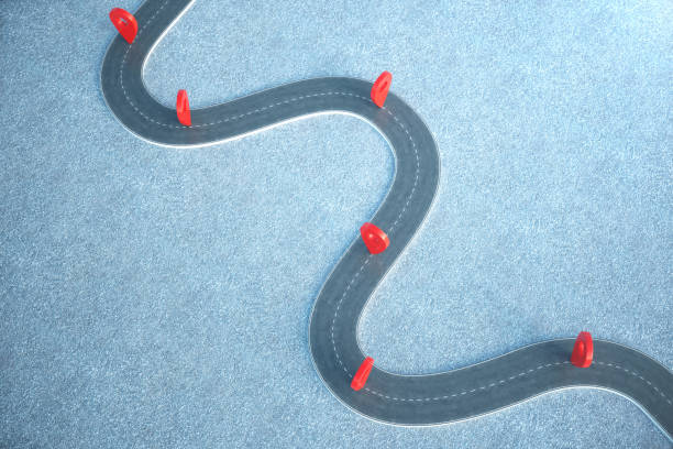 istock Road way location Infographic with pin pointers. Road way with red pointers. 3D illustration 1023085352