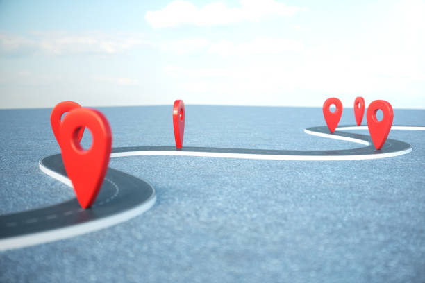 istock Road way location Infographic with pin pointers. Road way with red pointers. Road way on cloudy blue sky background. 3D illustration 1023085354