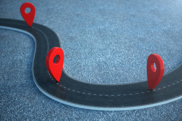 istock Road way location Infographic with pin pointers. Road way with red pointers. 3D illustration 1023085360