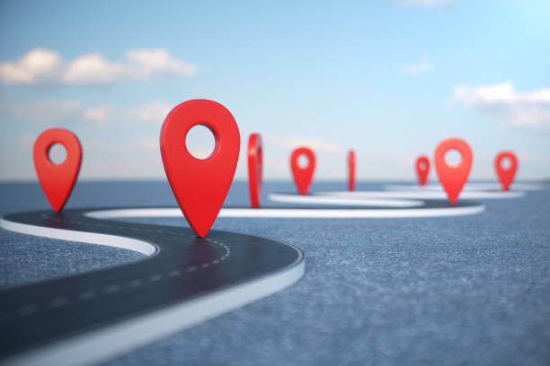 Road way location Infographic with pin pointers. Road way with red pointers. Road way on cloudy blue sky background. 3D illustration