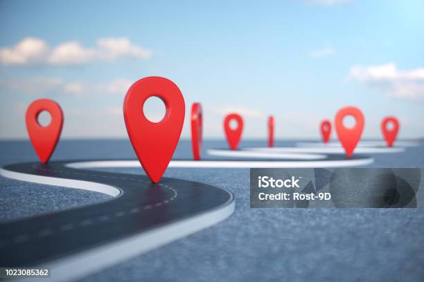 Road Way Location Infographic With Pin Pointers Road Way With Red Pointers Road Way On Cloudy Blue Sky Background 3d Illustration Stock Photo - Download Image Now