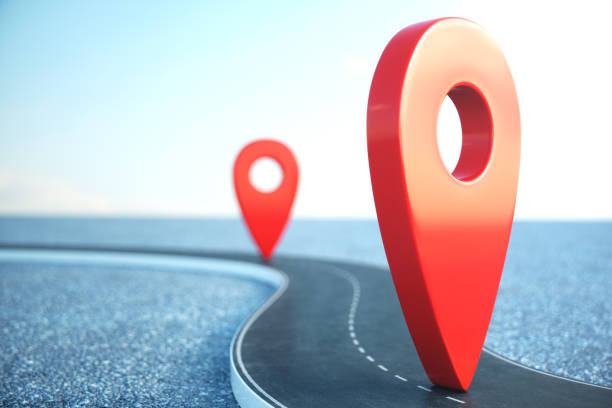 istock Road way location Infographic with pin pointers. Road way with red pointers. Road way on cloudy blue sky background. 3D illustration 1023085378