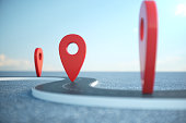 Road way location Infographic with pin pointers. Road way with red pointers. Road way on cloudy blue sky background. 3D illustration
