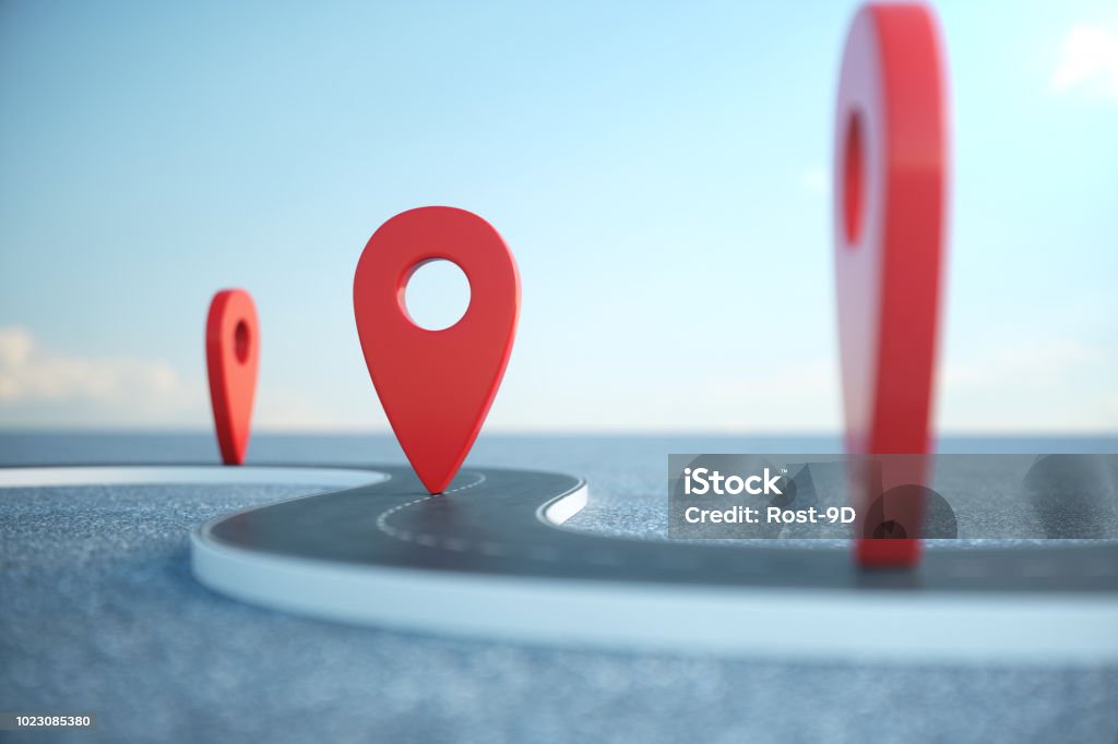 Road way location Infographic with pin pointers. Road way with red pointers. Road way on cloudy blue sky background. 3D illustration Road way location Infographic with pin pointers. Road way with red pointers. Road way on cloudy blue sky background, 3D illustration Map Stock Photo