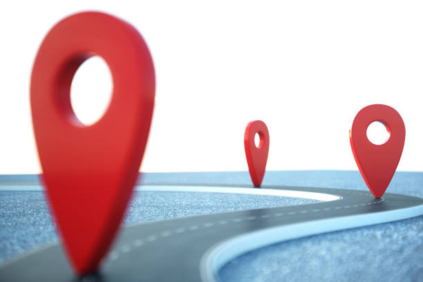 istock Road way location Infographic with pin pointers. Road way with red pointers. Road way on cloudy blue sky background. 3D illustration 1023085382