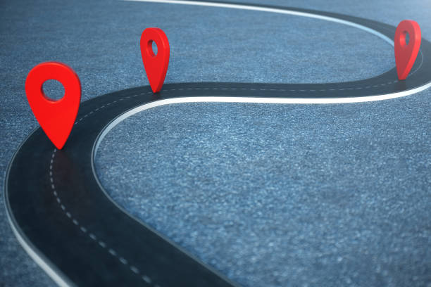 istock Road way location Infographic with pin pointers. Road way with red pointers. 3D illustration 1023085396