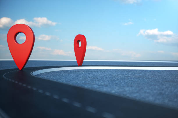 istock Road way location Infographic with pin pointers. Road way with red pointers. Road way on cloudy blue sky background. 3D illustration 1023085398