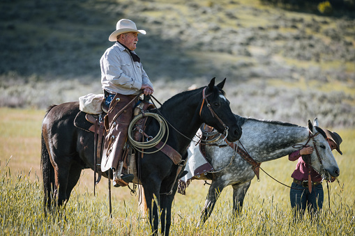 istock Senior man and his granddaughter riding horses in USA 1023086198