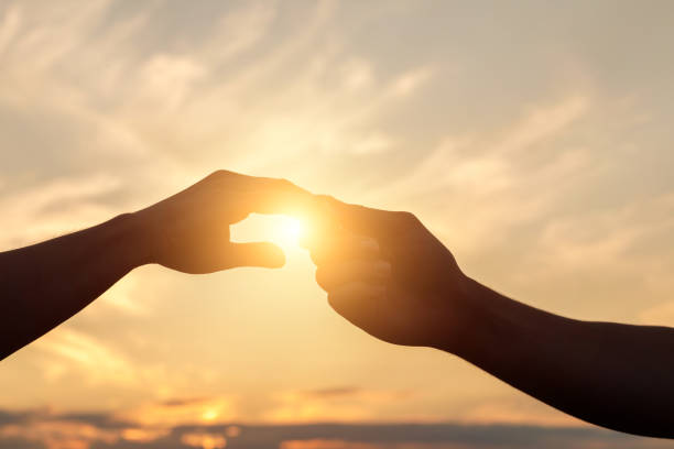 istock Holding Hands in the background of the sun. 1023086372
