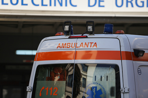 Bucharest, Romania - August 13, 2018: Details of a Romanian ambulance at Floreasca Emergency Hospital