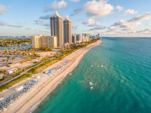 Mornings Over Miami Beach Aerial Photograph of morning light on Miami Beach. miami beach stock pictures, royalty-free photos & images