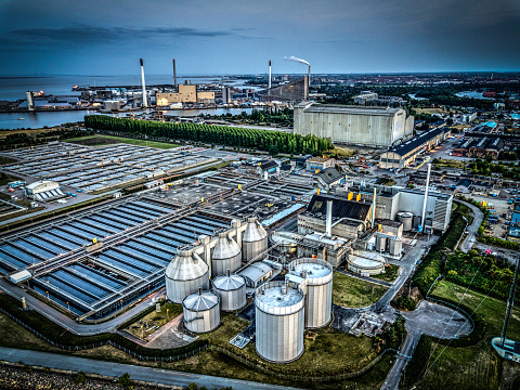Aerial shot of sewage treatment plant in Copenhagen, Denmark.  Aerial view shot with drone as HDR (high dynamic range).
