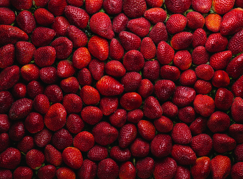 Full frame background of fresh, bright red, ripe strawberry fruit. A soft light source from the top right creates a moody scene. A light mist of water is visible over the surface.