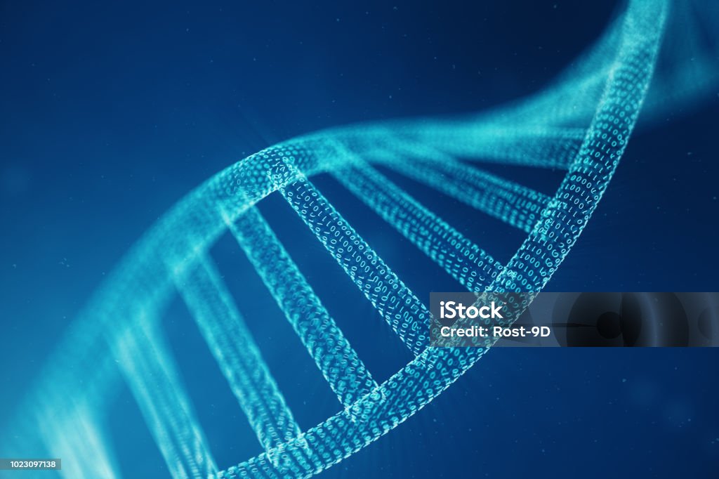 デジタル DNA の分子構造。概念は人間のゲノムをバイナリ コード。修正された遺伝子による DNA 分子。3 D イラストレーション - DNAのロイヤリティフリーストックフォト