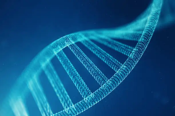 Digital DNA molecule, structure. Concept binary code human genome. DNA molecule with modified genes, 3D illustration