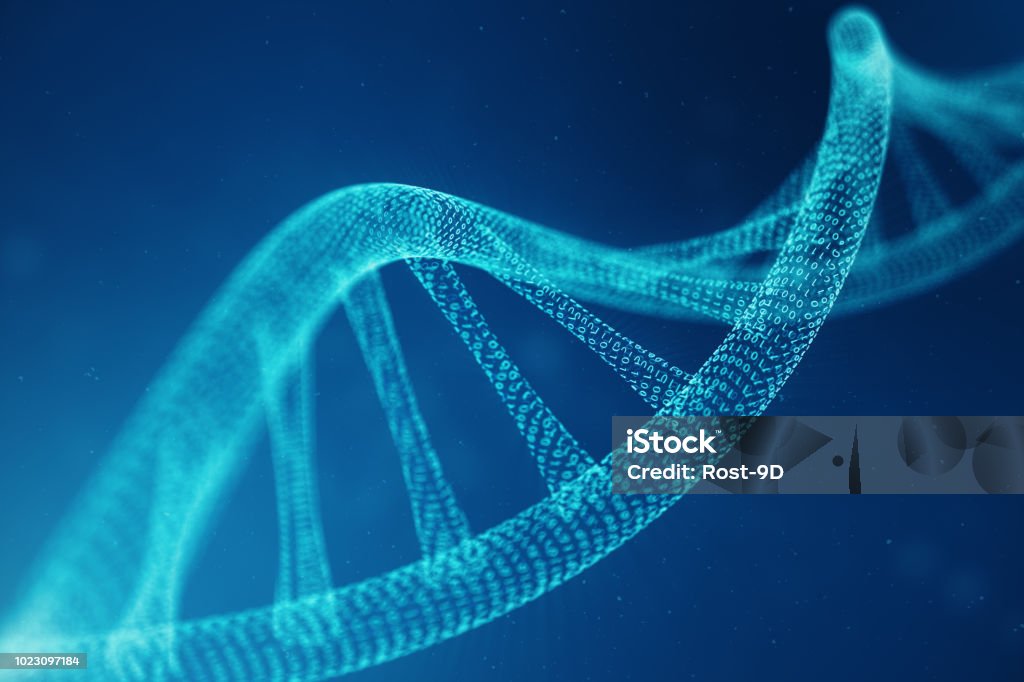 人工 intelegence DNA 分子。DNA は、バイナリ コードに変換されます。概念のバイナリ コードのゲノム。技術科学、人工の概念を抽象的な Dna。3 D イラストレーション - DNAのロイヤリティフリーストックフォト