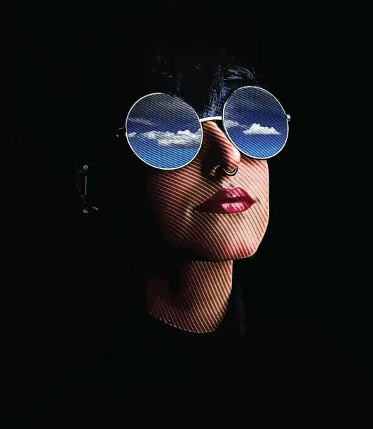 Vector illustration of Close up of woman, sunglasses and reflection of sky and clouds