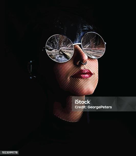 Multiple Exposure Of Woman Sunglasses And The Narrows Hiking Trail Zion National Park Stock Illustration - Download Image Now