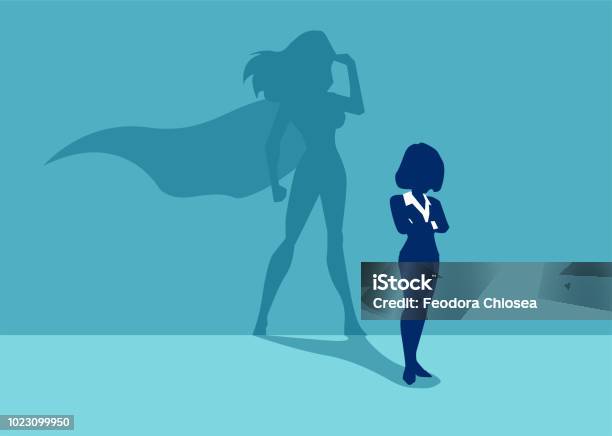 Ilustración de Vector De Una Mujer Fuerte Con Una Sombra Imaginando Ser Un Súper Héroe y más Vectores Libres de Derechos de Mujeres