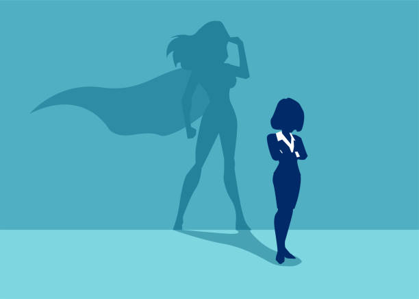 Vector of a strong business woman with a shadow imagining to be a super hero Vector of a strong business woman with a shadow imagining to be a super hero looking aspired. courage stock illustrations