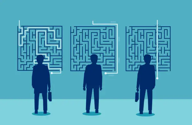 Vector illustration of businessmen have a different solution for a challenging labyrinth