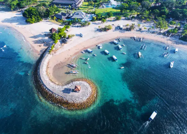 Photo of Bali coast with a figurative breakwater aerial view