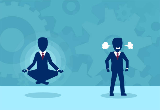 Employees in different states of mind Vector picture of businessman in meditation and angry colleague living in stress. anger stock illustrations