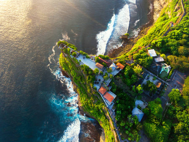 Uluwatu Temple aerial view at sunset