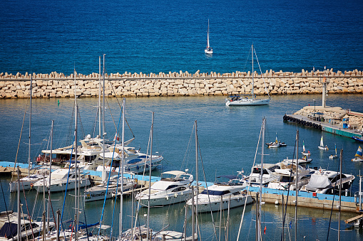 Herzliya, Israel, Aerial view of Herzliya Marina the largest marina in Israel, provides moorings for yachts of all sizes including mega yachts