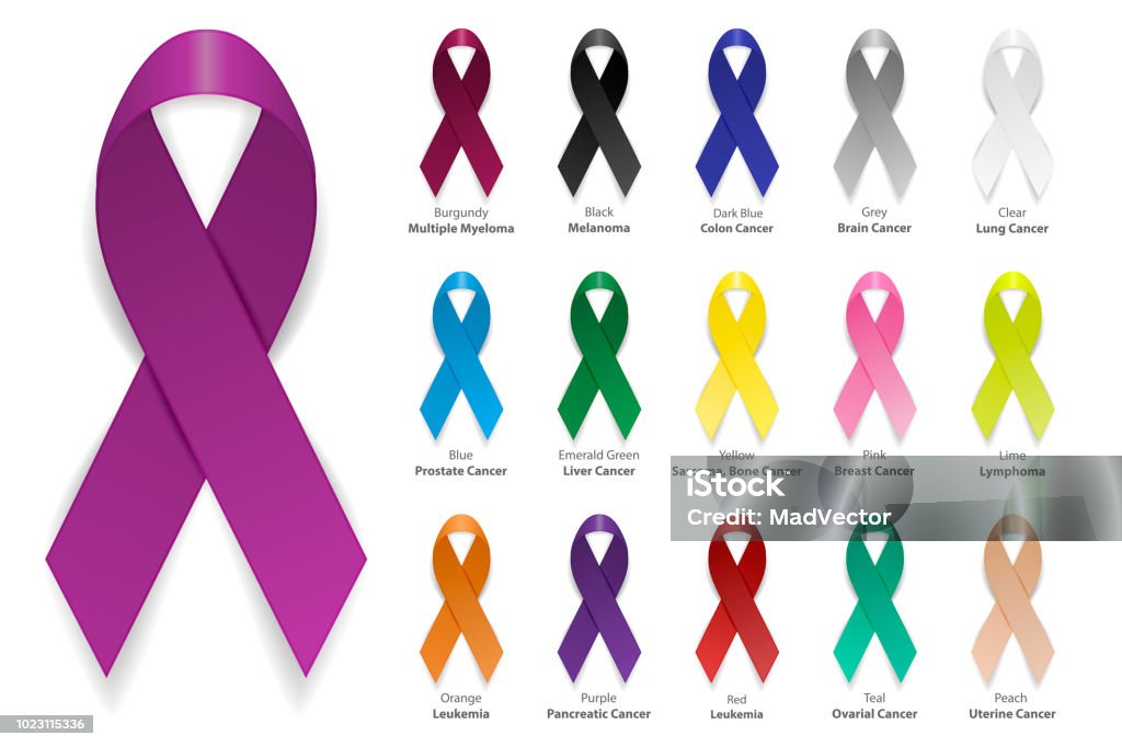 Cancer Ribbon. Vector realistic 3d awareness ribbon different color set closeup isolated on white background. International Day of cancer, World Cancer Day. Design template for graphics Cancer Ribbon. Vector realistic 3d awareness ribbon different color set closeup isolated on white background. International Day of cancer, World Cancer Day. Design template for graphics. Award Ribbon stock vector