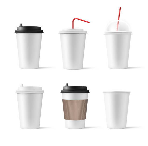 istock Set of realistic blank mock up paper cups with plastic lid. Coffee to go, take out mug. 1023119790