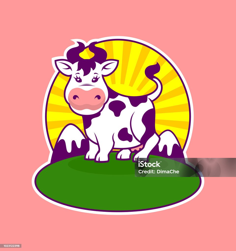 Cartoon cow character on background with sun and stylized mountains Cute cartoon cow mascot on grass, with sun and mountains on background Agricultural Field stock vector