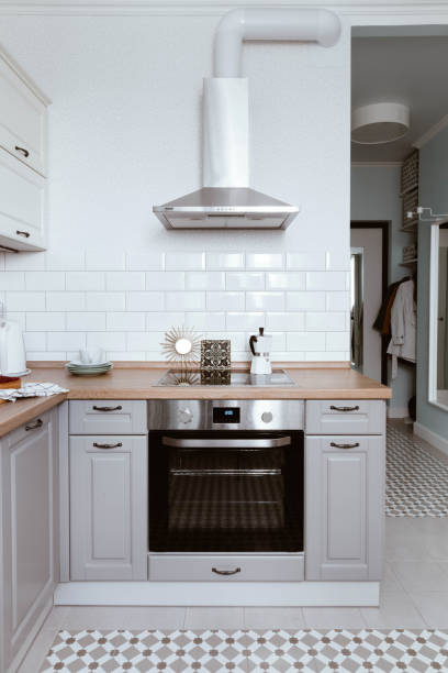 istock Scandinavian interior design. White grey kitchen room organization 1023127584