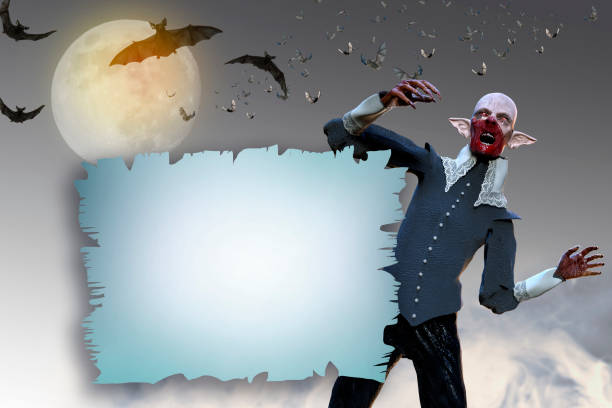 3D Illustration of a vampire  with a banner on Halloween background