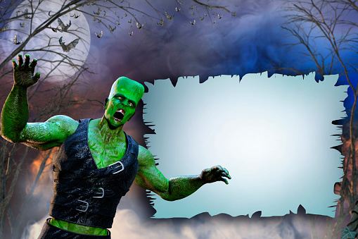 3D Illustration of a Frankenstein with a banner on Halloween background
