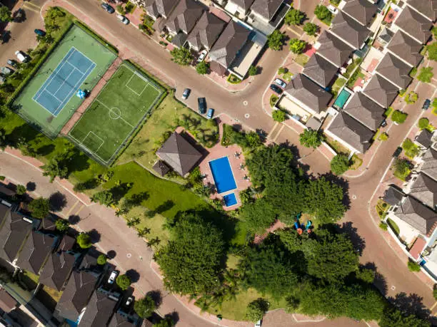 An aerial view of houses of a gated community un Guayaquil, Ecuador. Shot with a drone in a sunny day looking straight down.An aerial view of houses of a gated community un Guayaquil, Ecuador. Shot with a drone in a sunny day looking straight down.