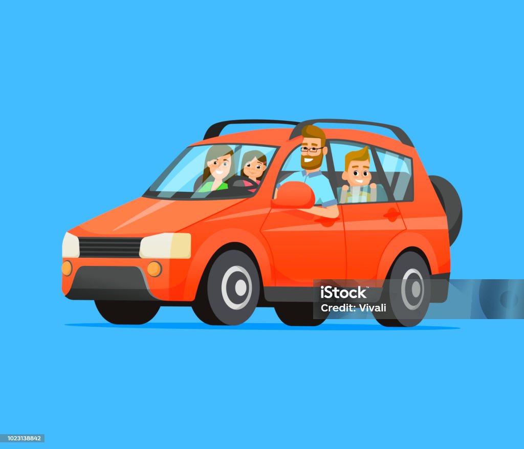 Familie Roadtrip. Glückliche Familie mit dem Auto anreisen. Vater, Mutter, Sohn und Tochter. Familienreisen auf ein rotes Auto. Flache Vektorgrafik. - Lizenzfrei Auto Vektorgrafik