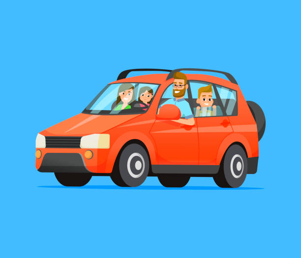 Family Road Trip. Happy family traveling by car. Father, mother, son and daughter. Family travel on a red car. Vector flat style illustration. Family travel on a red car. Vector flat style illustration. driving illustrations stock illustrations
