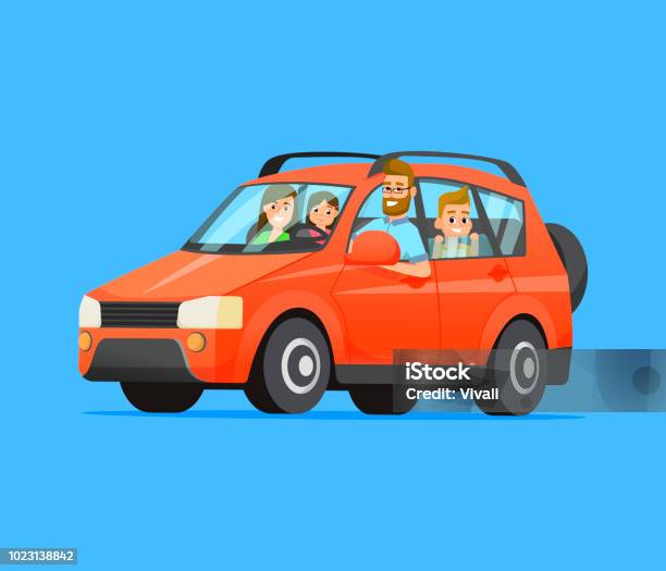 Family Road Trip Happy Family Traveling By Car Father Mother Son And Daughter Family Travel On A Red Car Vector Flat Style Illustration Stock Illustration - Download Image Now