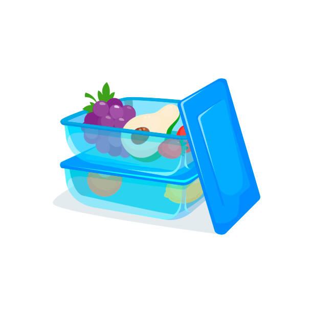 Food container, transparent, blue. Two plastic pack of food box for storing. Healthy food. Lunch box. Several food containers stacked on top of each other for storing in fridge container stock illustrations